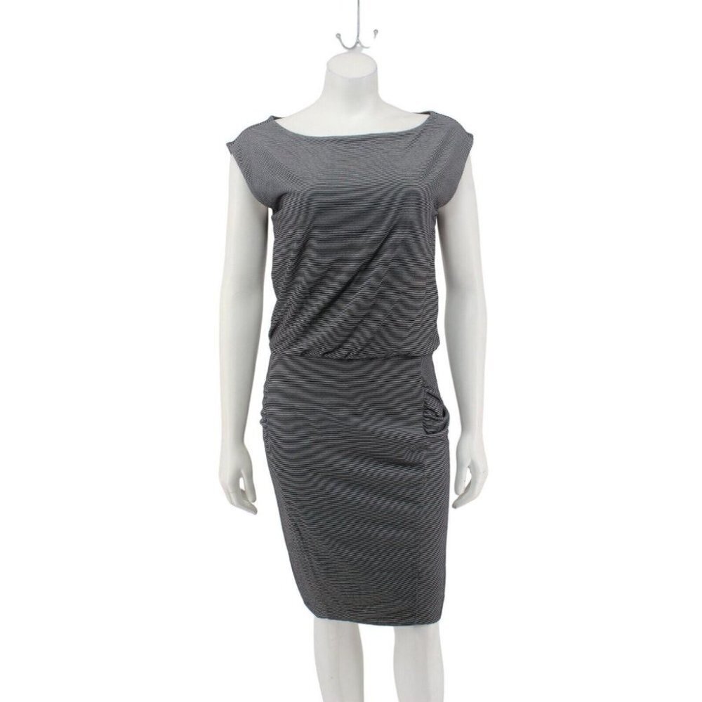Athleta Westwood Gray White Microstripe Ruched Sleeveless Knit Dress Size S